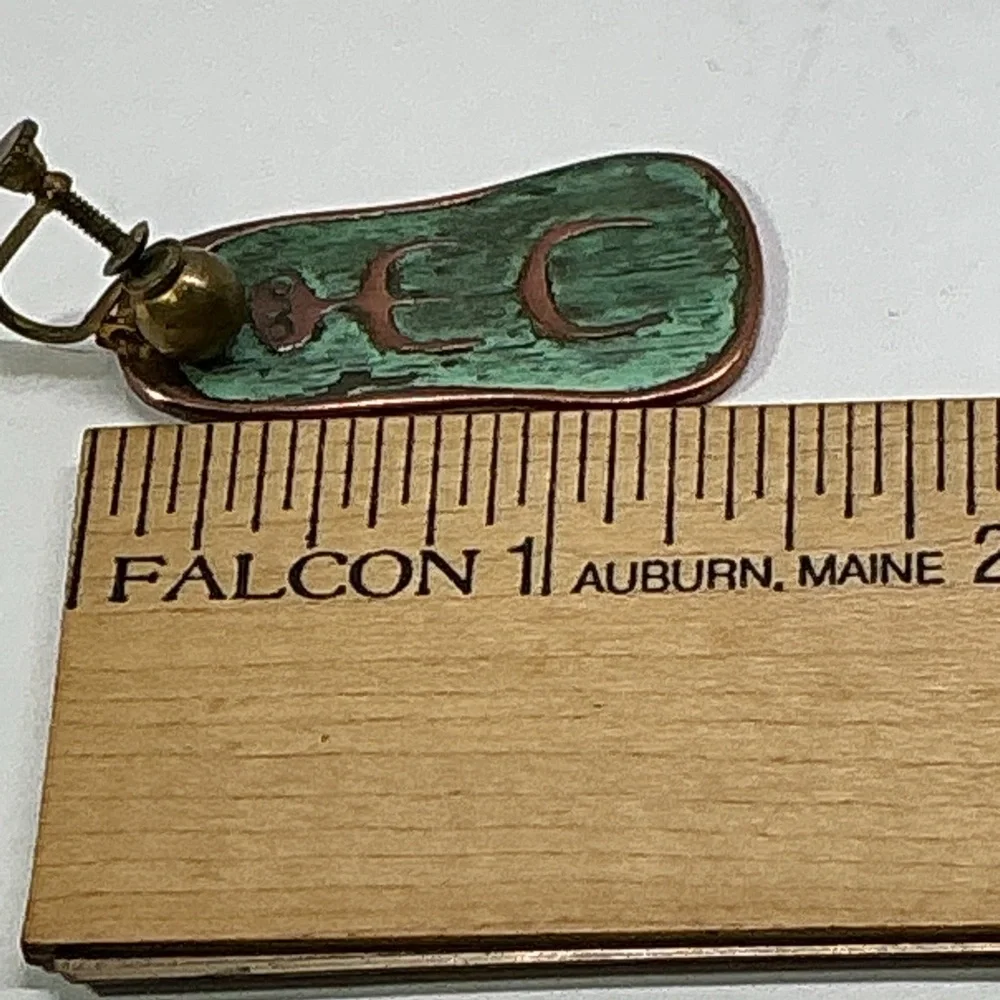 Vintage Copper Enamel Earrings Mid Century Modern Abstract Screw Back